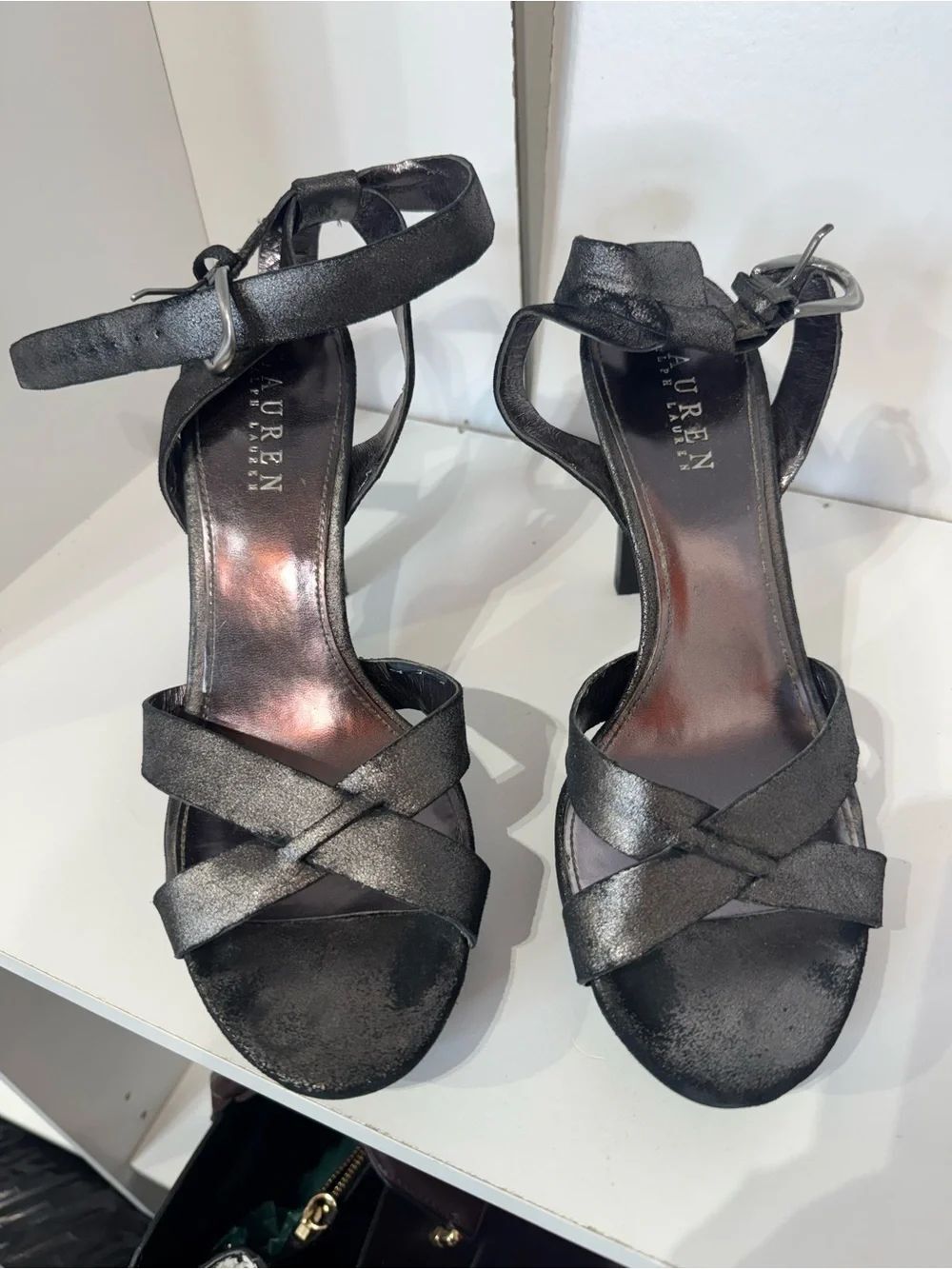 Lauren Ralph Lauren Metallic Black Strappy Ankle-Heel Sandals